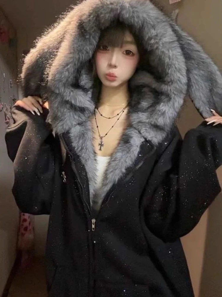 American Vintage Rabbit Ear Hooded Coat Women Cute Y2k Loose Outwaer Autumn Winter Casual Fashion Long Sleeve Jacket New