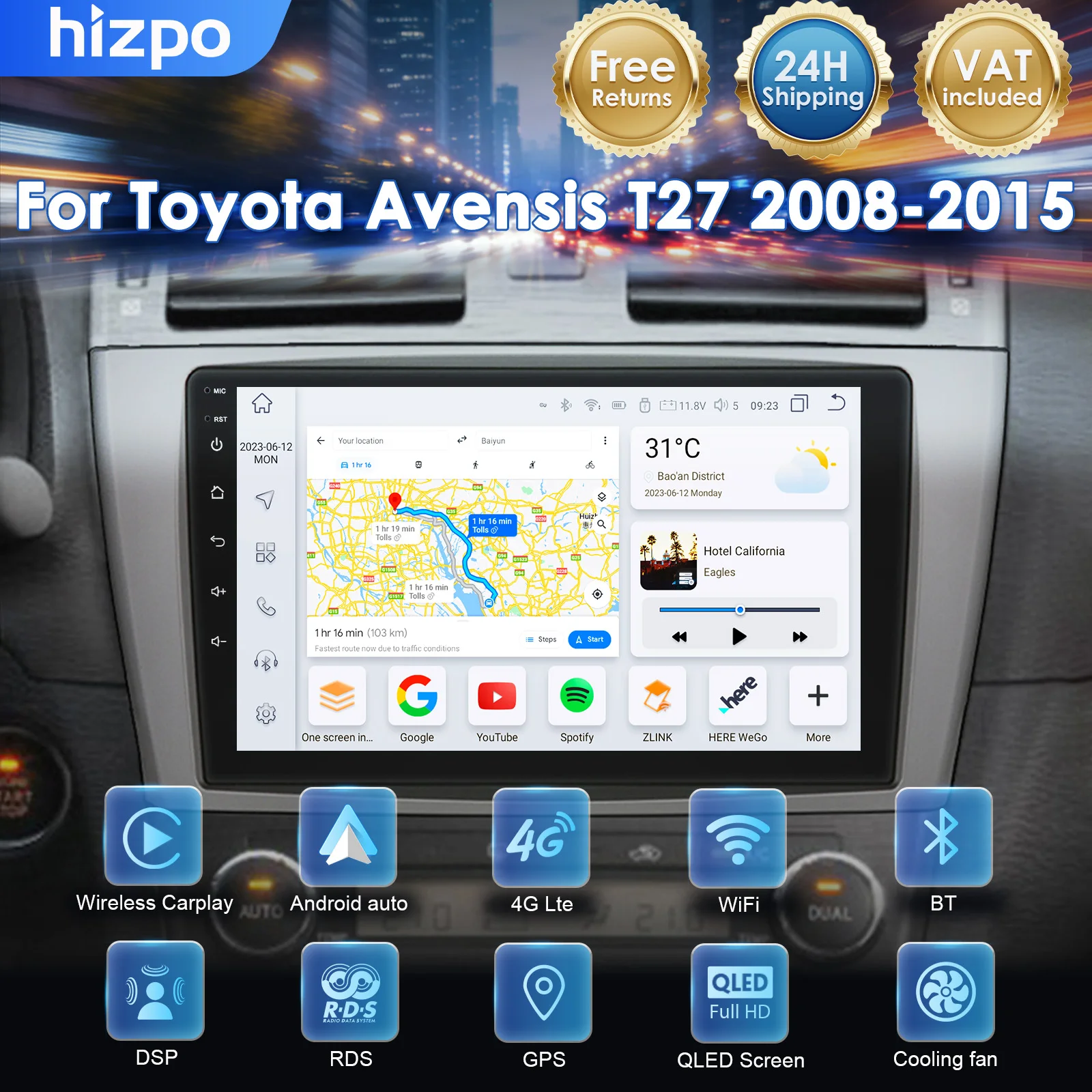 Hizpo 9'' Sistema Intelligente per Auto Toyota Avensis T27 2008-2015, Unità Principale Multimediale con GPS, DSP, FM, 4G, Wifi, BT e Telecamera a 360°