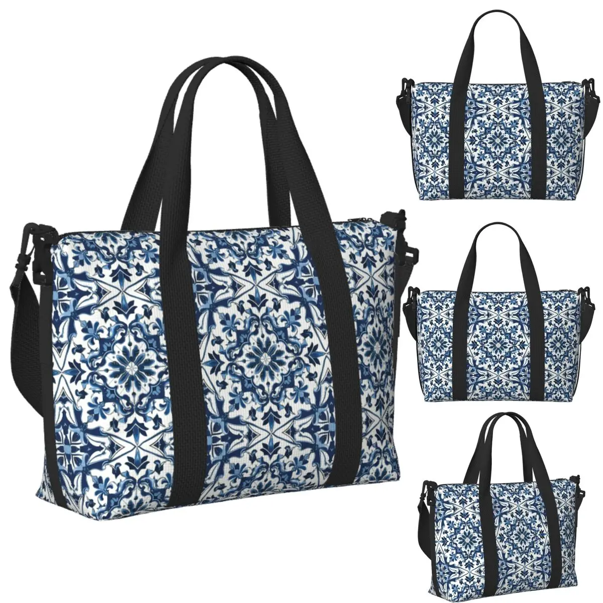 

Custom Blue And White Majolica Beach Travel Bag Large Capacity Tote Bags for Gym Sport Women Shopping Duffle Shoulder Bag