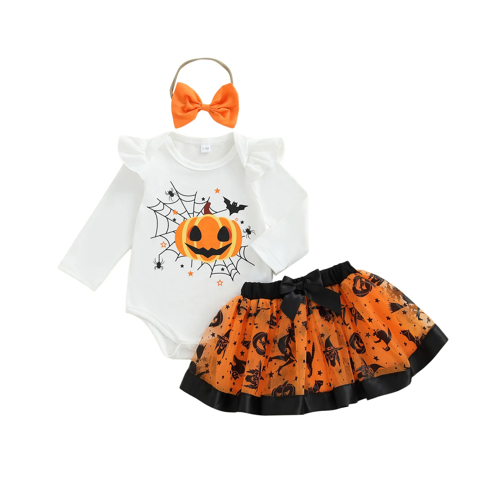 

Комплекты одежды для маленьких девочек, комбинезон с длинными рукавами и тыквой на Хэллоуин, тюлевая юбка и повязка на голову, наряд из 3 предметов