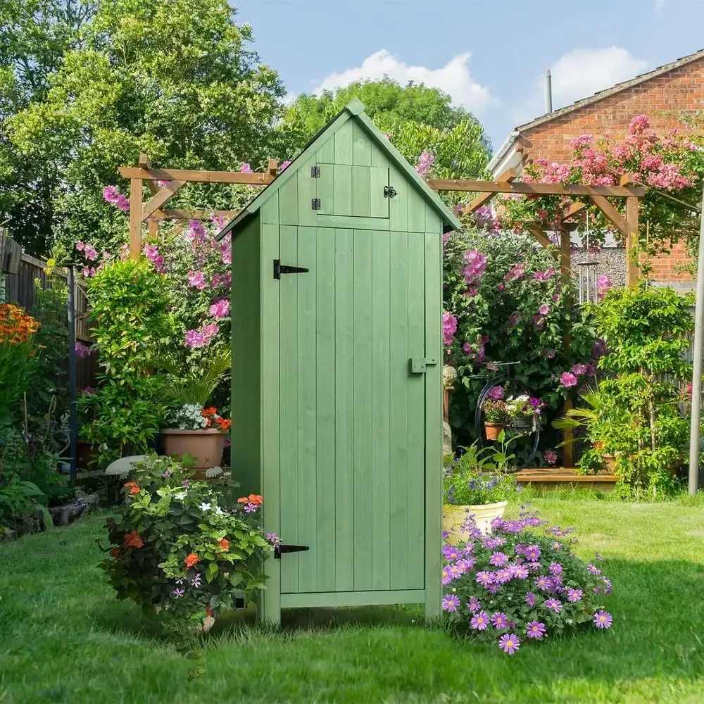 Light Green Outdoor Storage Shed: Secure Garden Tool Cabinet & Patio Organizer