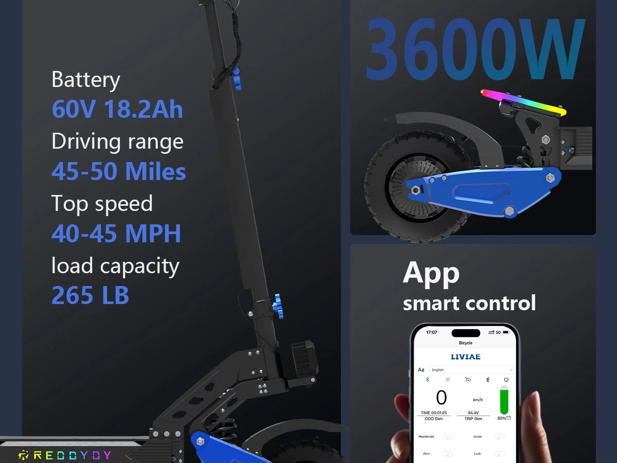 REDDYDY RD2 Electric Offroad Scooter 45MPH Max Speed 3600W Peak Dual Motors Adult Scooter 60V18.2Ah High Capacity Battery 50Miles Max Range 3-riding Modes 10.5" Off-Road Tires Dual Hydraulic Disc Brakes Dual Shock Absorbers NFC Unlocking APP Smart Control