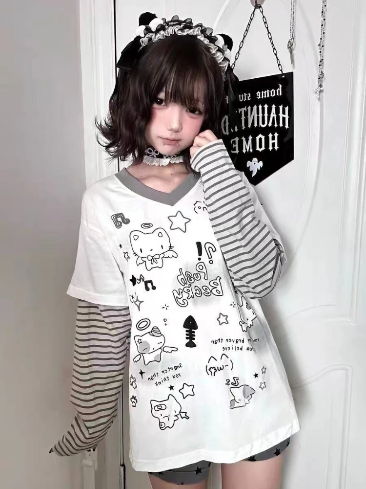 HOUZHOU Y2k White Kawaii Juminocore Women Fake Two Piece T-Shirts Cute Striped Long Sleeve Japanese Style Tees Loose Aesthetic