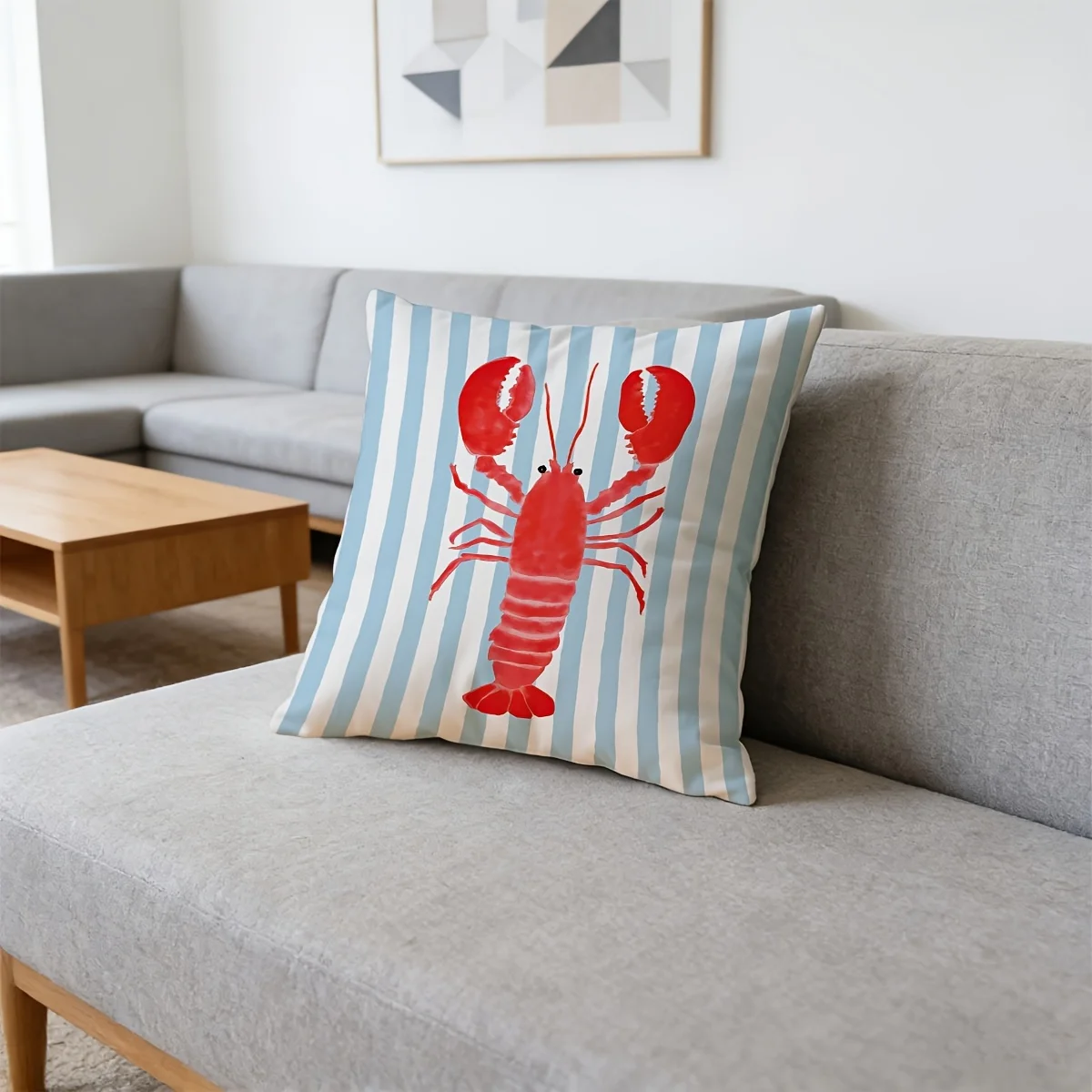 Red Lobster Blue Stripes Double Sided Cushion Cover, Coastal Nautical Pillowcase for Home Sofa Bedroom Car Decor, 1PC