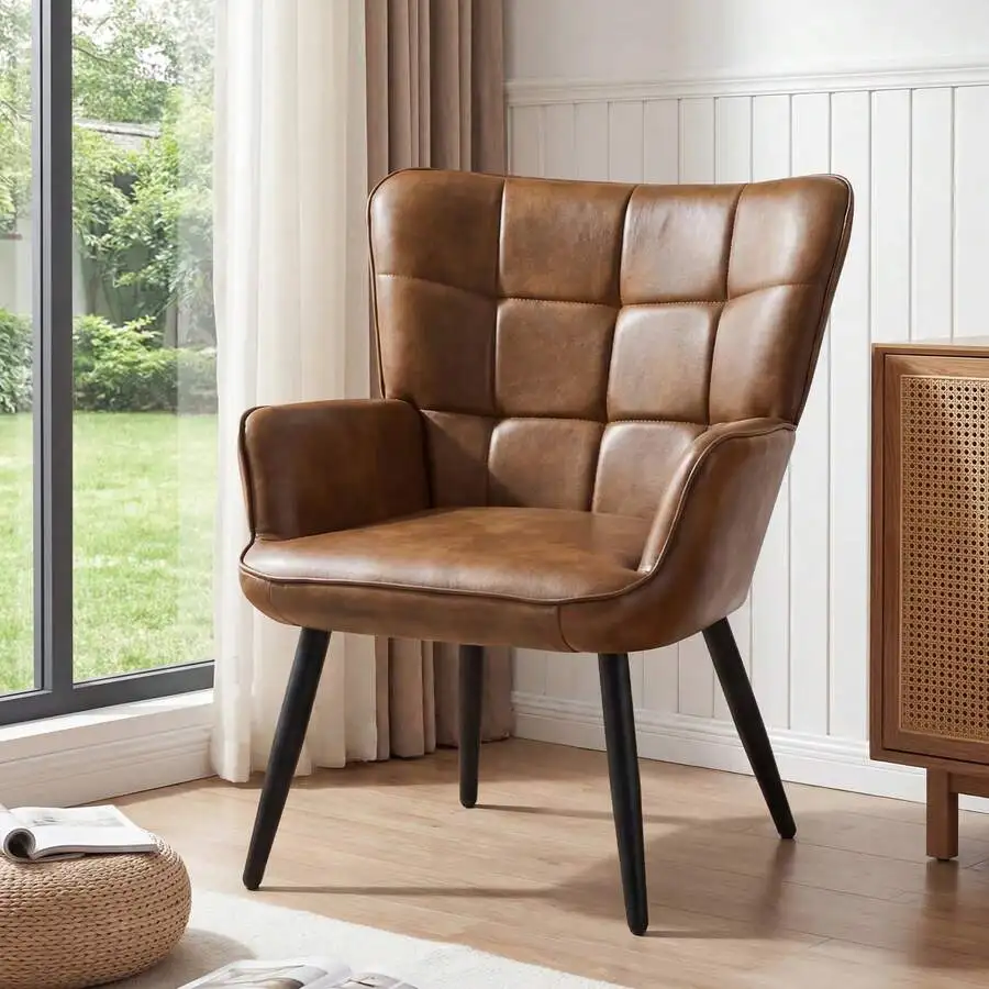 Fumahaus Mid-Century Modern Office Desk Chair Pu Leather Accent Chair With High Backrest Comfortable Tufted With Feather-Like Ar