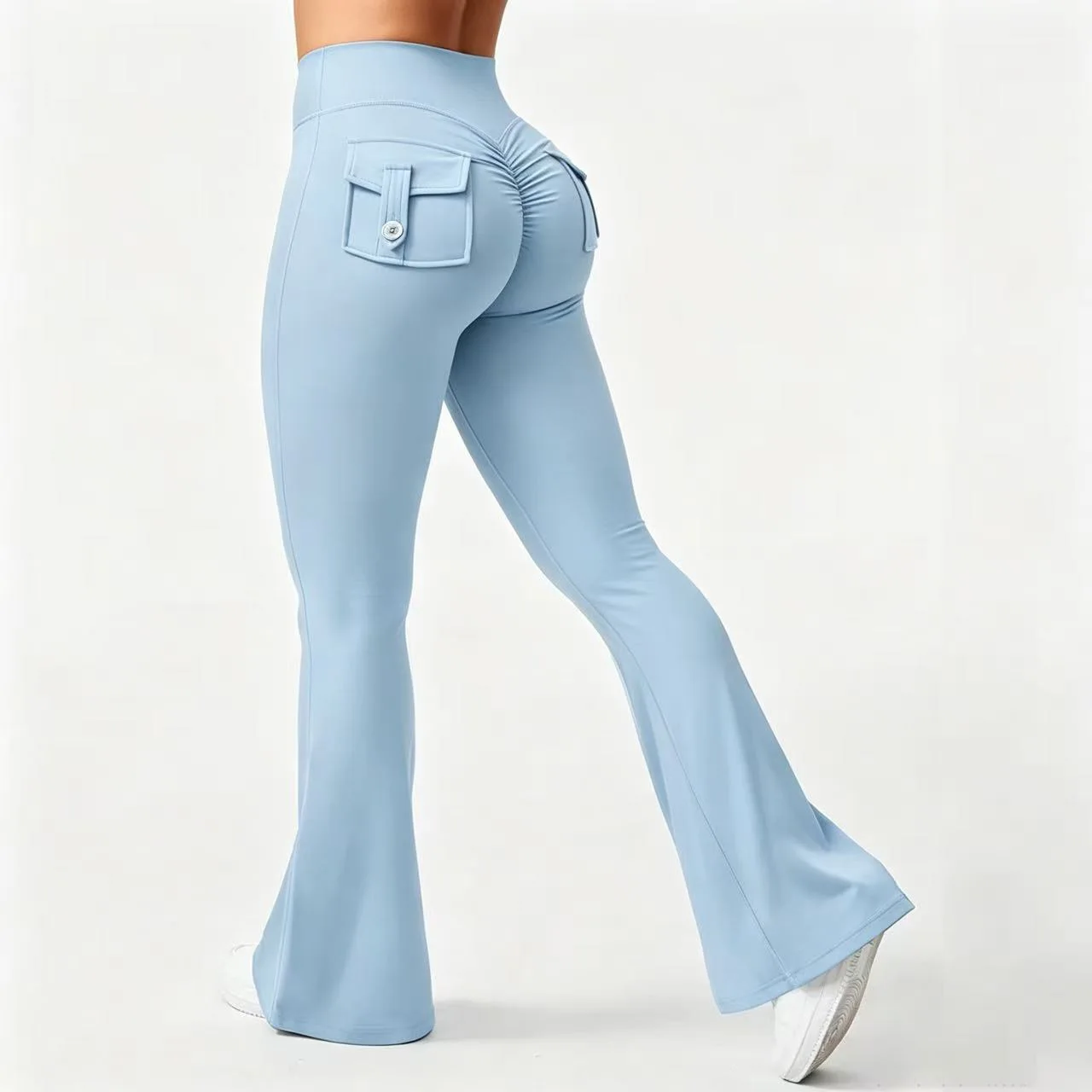 Damen Cargo-Taschen Flare Yoga-Hose mit hoher Taille, Po-Lifting-Effekt, dehnbare, schmale Bootcut-Leggings für Workout, Fitness, Sport und Freizeit – Detail 9
