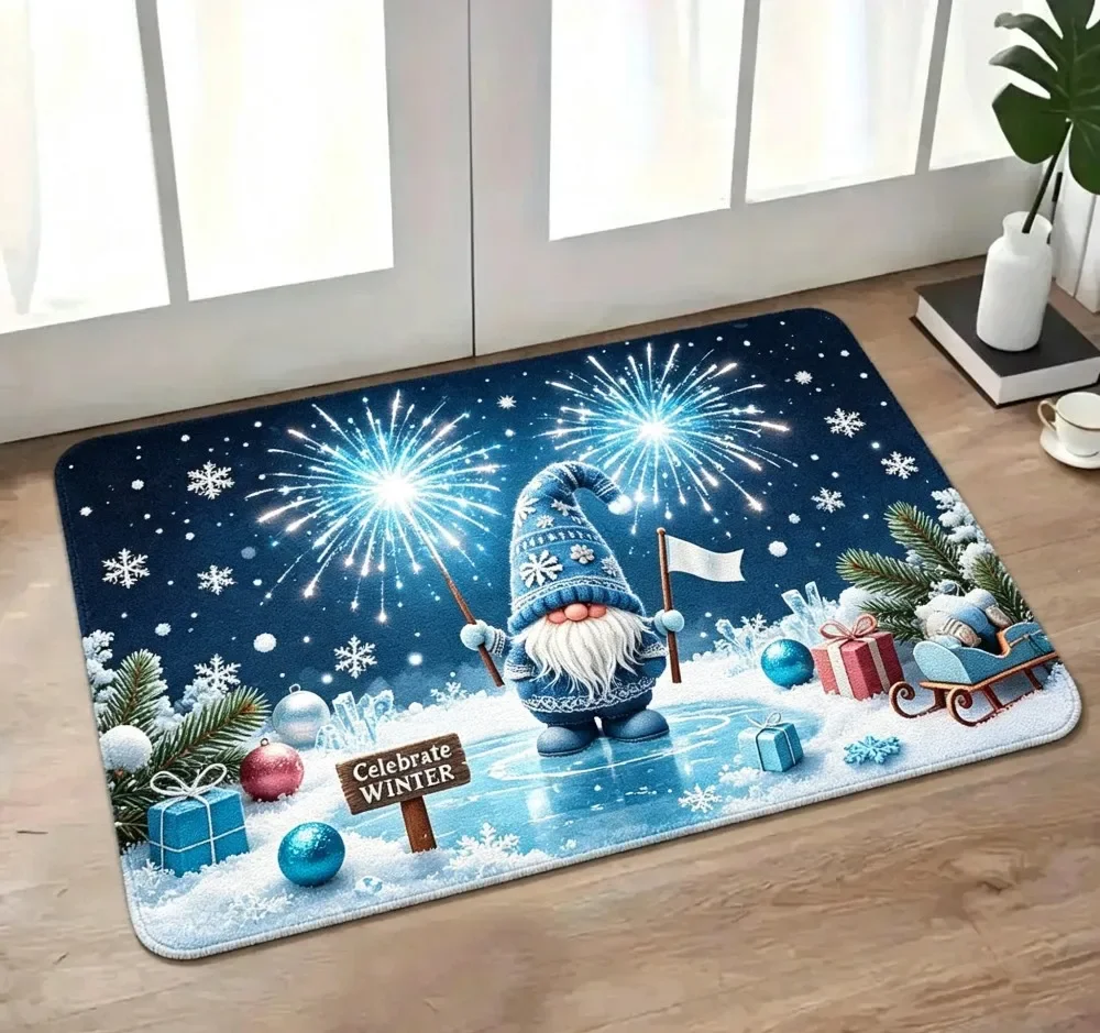 God Jul Blue Gnome Winter Mat Snowman Lantern Reindeer Antler Snowflake Print Non Slip Absorbent Doormat For Home Entrance