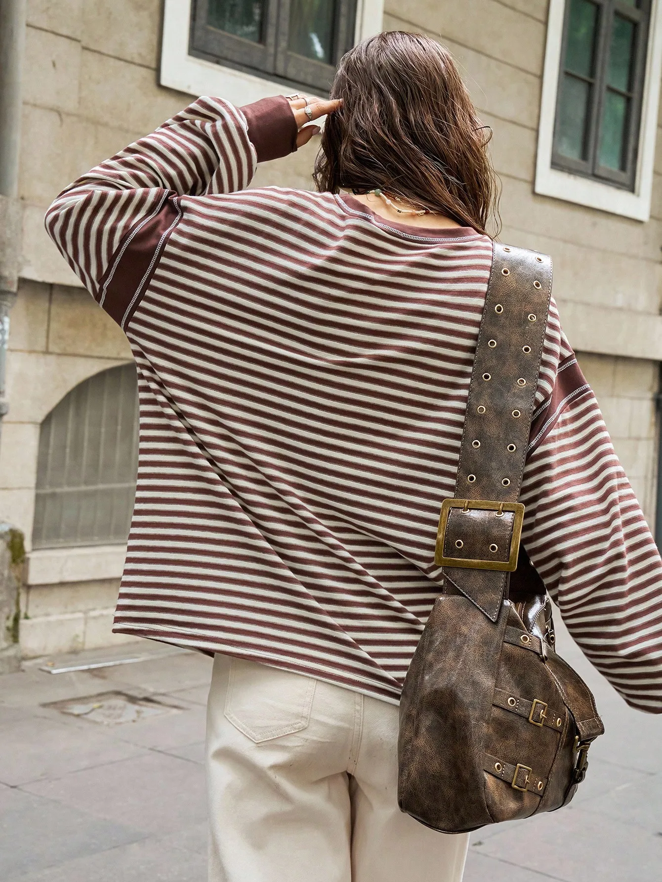 Womens Plus Size Crewneck Sweatshirt French Girl 90s Indie Grunge Aesthetic Long Sleeve Pullover Tunic Russet Brown Cream Breton Striped Contrast Arm Band Solid Ribbed Cuffs Drop Shoulder Slouchy Baggy Fit For Fall Winter Daily Outfits Christmas Gift
