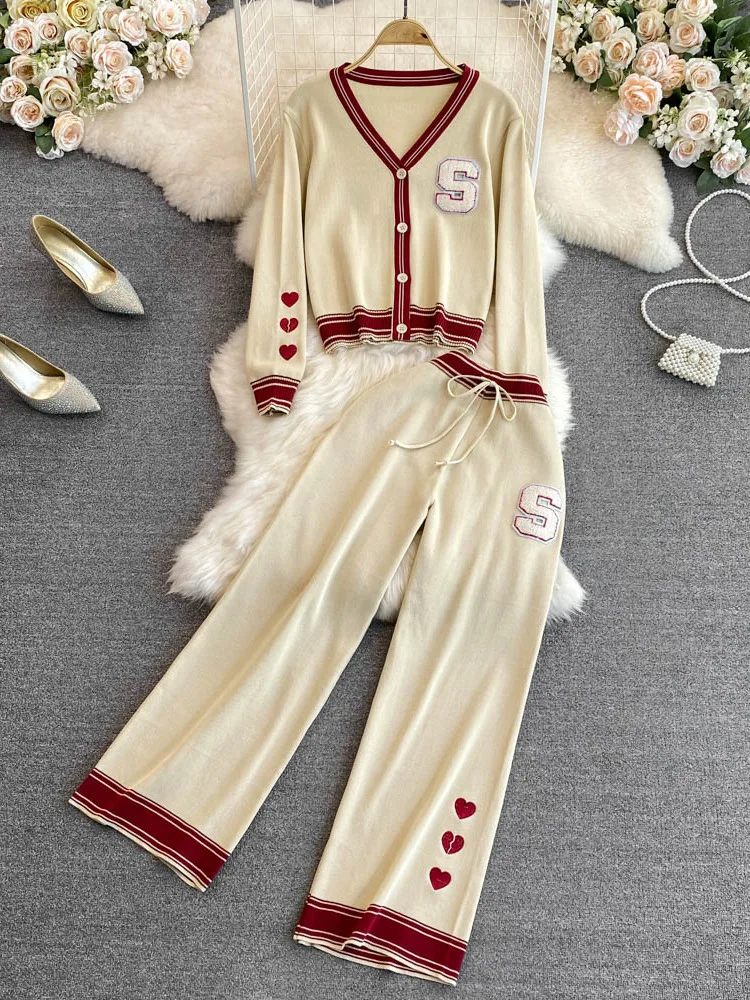 

2022 Autumn Women's Knited Two Piece Set Winter Clothing Sets Casual Long Sleeve Sweater Cardigan + Wide Leg Long Pants Suits