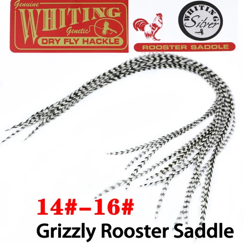 10 plumas plateadas de 12-14 pulgadas de largo, plumas para atar moscas secas, silla de gallo grizzly blanco y negro, pluma de hackle para gancho, tamaño 14 # 16 # 18 #