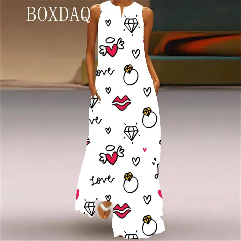 Trendy Lipstick High Heels 3D Printed Long Women Dress Elegant Spring Summer Sleeveless V-neck Sexy Tank Maxi Dress Ladies Robe