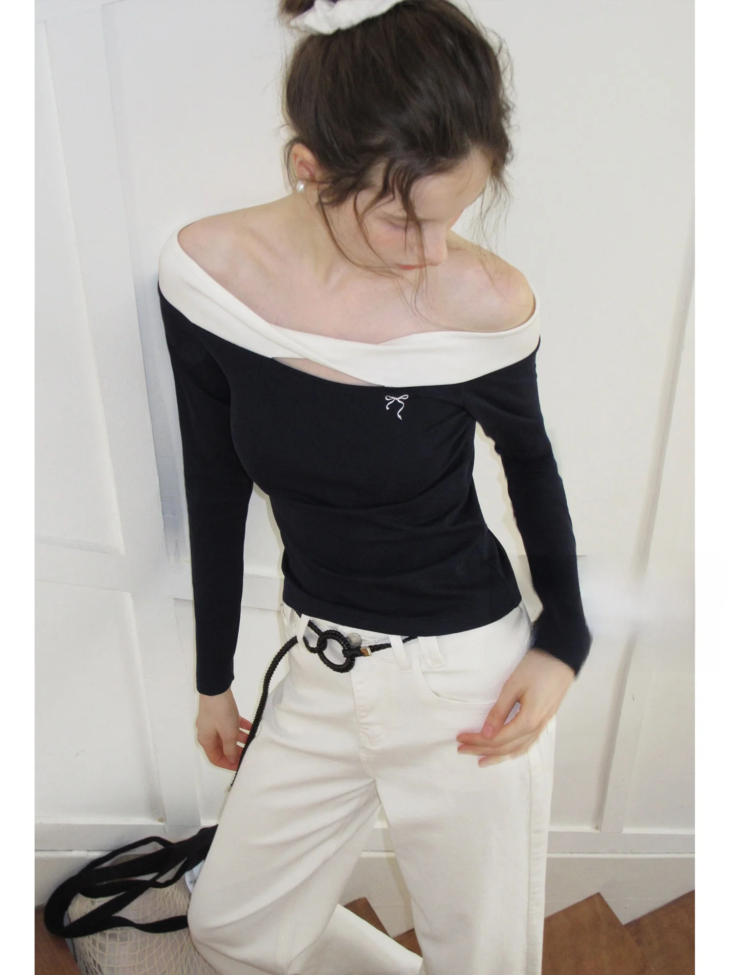 

Женская футболка Eggka Long Sve Slim Fit oulder Bared Color Blo, милая футболка с высокой талией, дышащая, удобная...