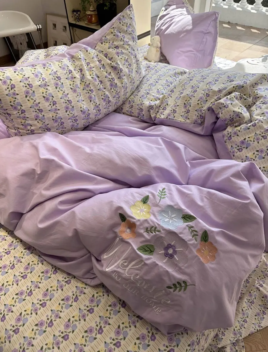 

Romantic sweet pastoral floral purple bedding set,twin full queen cat dog cotton home textile bed sheet pillow case duvet cover