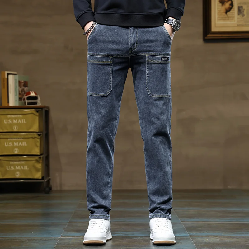 

Универсальные джинсы с шестью карманами, мужские свободные прямые брюки, эластичные, удобные для походов на свежем воздухе, все сезоны