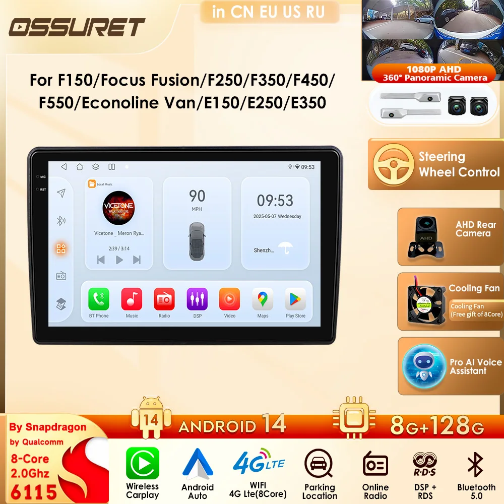 Android 14 Carplay Autoradio RDS 4G For F150/Focus Fusion/F250/F350/F450/F550/Econoline Van/E150/E250/E350 Cargo/Transit Connect