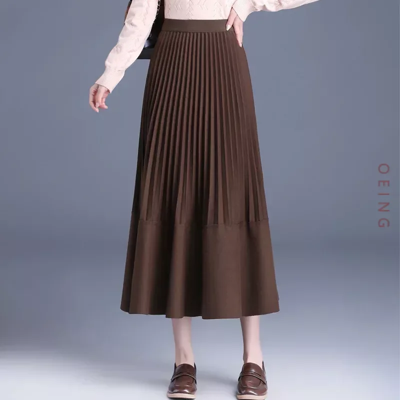 

Elastic High Waist Chic Knitting Wool Long Pleated Skirt Autumn Winter Women Elegant Slim Casual A-line Coffee Black Skirts 9260