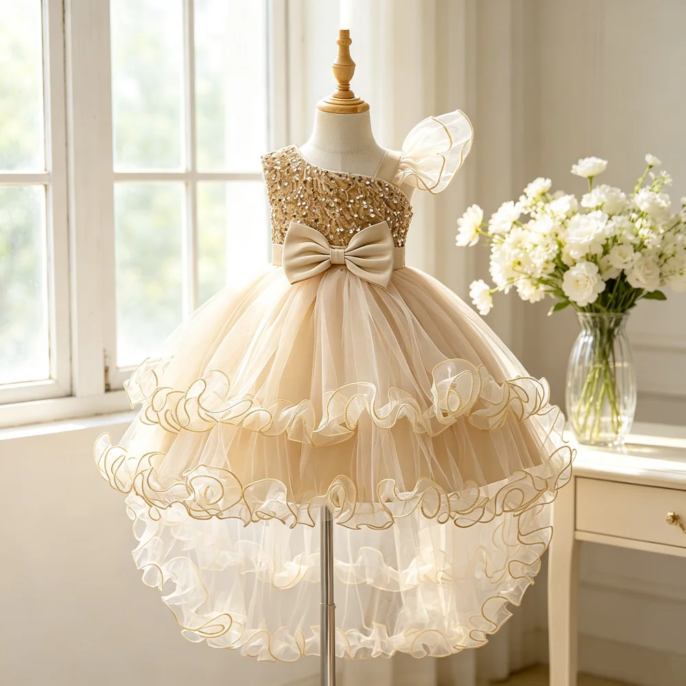 Girls dresses princess dresses party birthday costumes Bow performance outfit piano performance cakes mesh children's dresses
