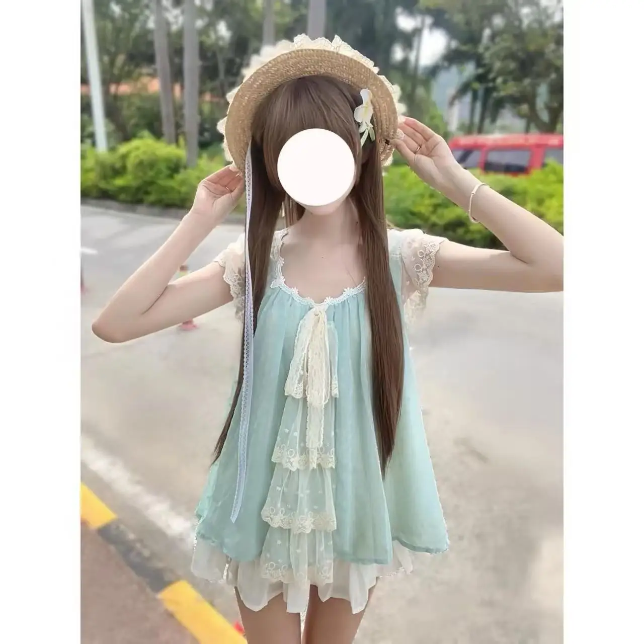 Set Elegan Antik Pakaian Wanita Kemeja Slim Fit Pita Musim Panas + Kamisol Renda + Celana Pendek Polka Dot Setelan Tiga Potong Mode 2025 Baru