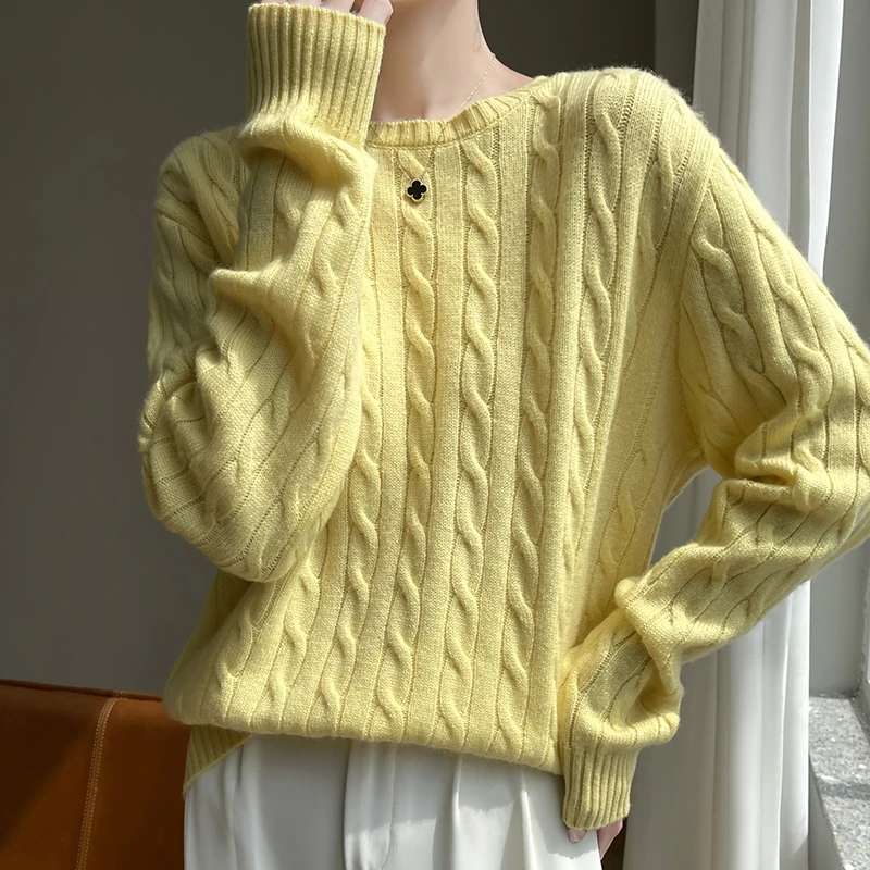 Women Merino Wool Thickening Sweater O-neck Twisted Pullover Autumn Winter Cashmere Casual Knitwear Long Sleeve Bottoming Tops