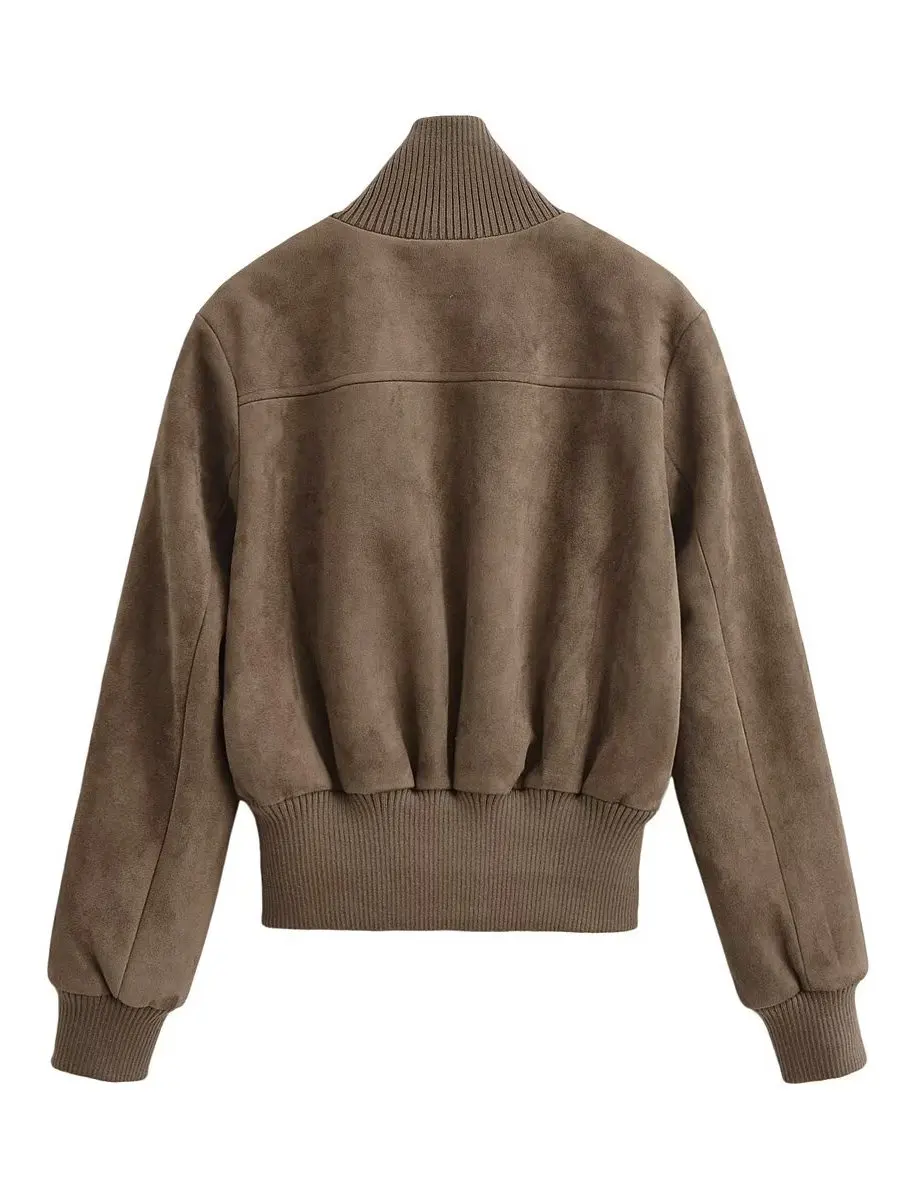 Women's Pilot Jacket Short Outerwear Suede Zipper Waist Cinch Baseball Style Trendy Wind Stand Collar Outerwear Polyester Fiber