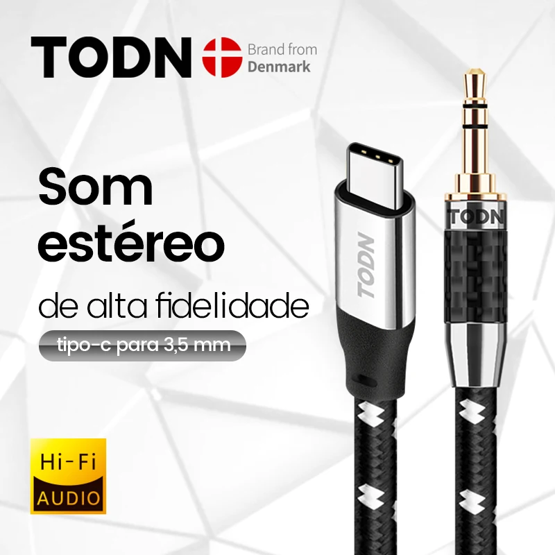 Cabo de Áudio USB Tipo C para Jack de 3,5 mm TODN, Prata, USB 32 Bits/384 kHz, Adequado para Carro, Xiaomi, Fones de Ouvido, Alto-falante