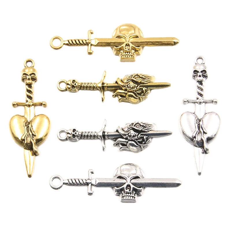 6PCS 3 Styles Metal Alloy Two Color Skull Sword Love Heart Charms Halloween Weapon Pendant For Jewelry Making DIY Handmade Craft