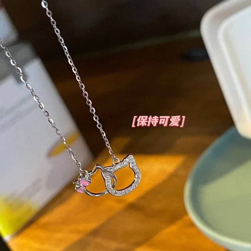 Kawaii Sanrio Anime Hello Kitty Necklace Cute and Sweet Cartoon Double Ring Chain Bone Couple Pendant Girlfriend Gift