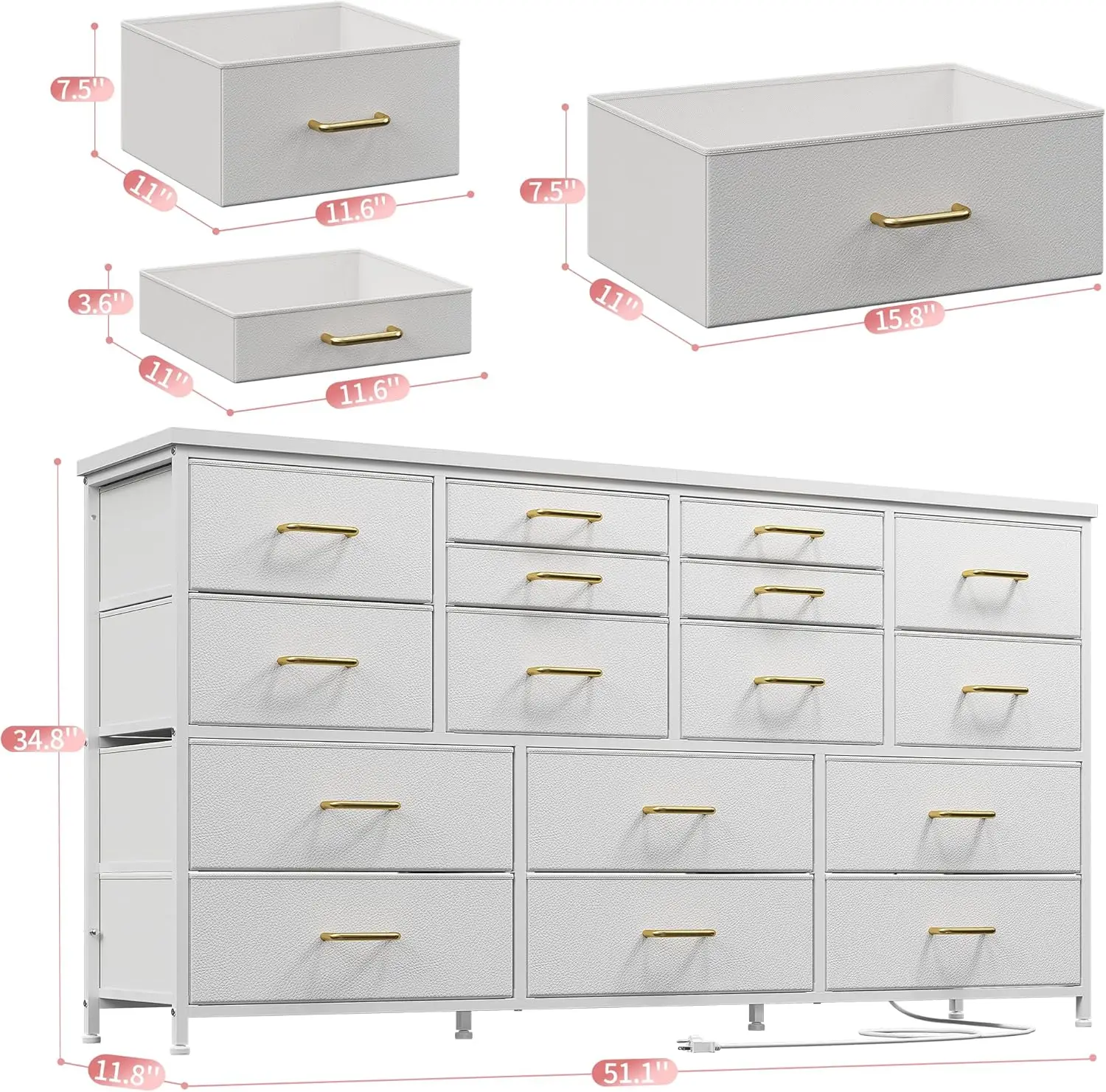 Dresser TV Stand with Power Outlet & USB White Dresser for Bedroom with 16 Drawers TV Stands for Living Room TV Stand