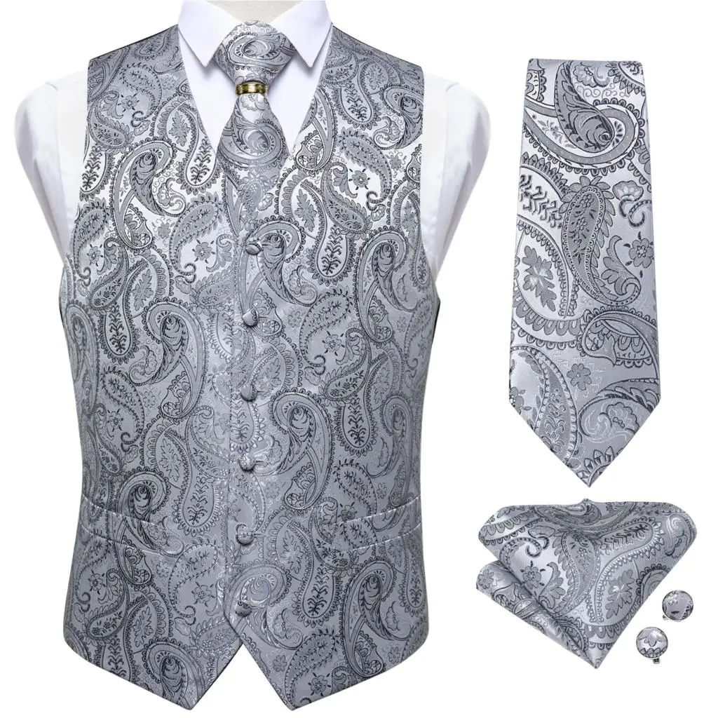 Silver Paisley Suit Vest For Men Wedding Tuxedo Silk Waistcoat Neck Tie Pocket Square Cufflinks Set Men\'s Clothing Blazer Vest