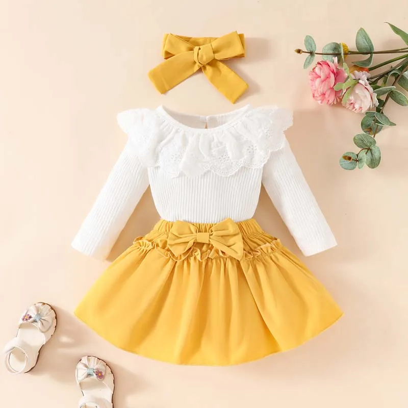 

Autumn Fashion Baby Toddler Girls 3 Piece Skirt Set Lapel Ruffle Pit Stripes Long Sleeve Bodysuit Solid Coloured Skirt Hair Band