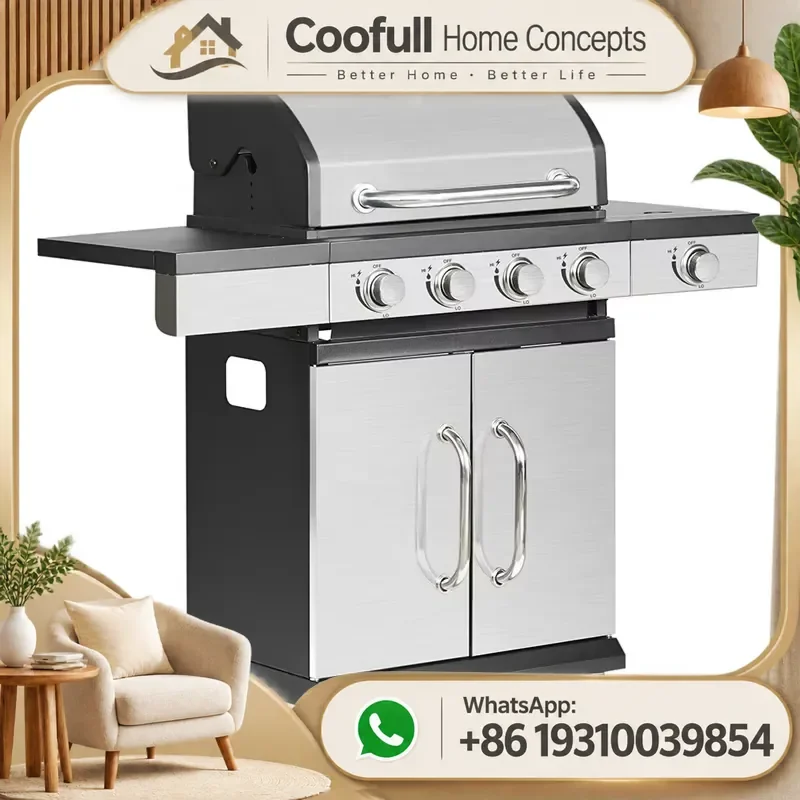 4+1 Burners Gas BBQ Grill Portable Propane Barbecue For Outdoor Kitchen Commercial Trolley Cooking