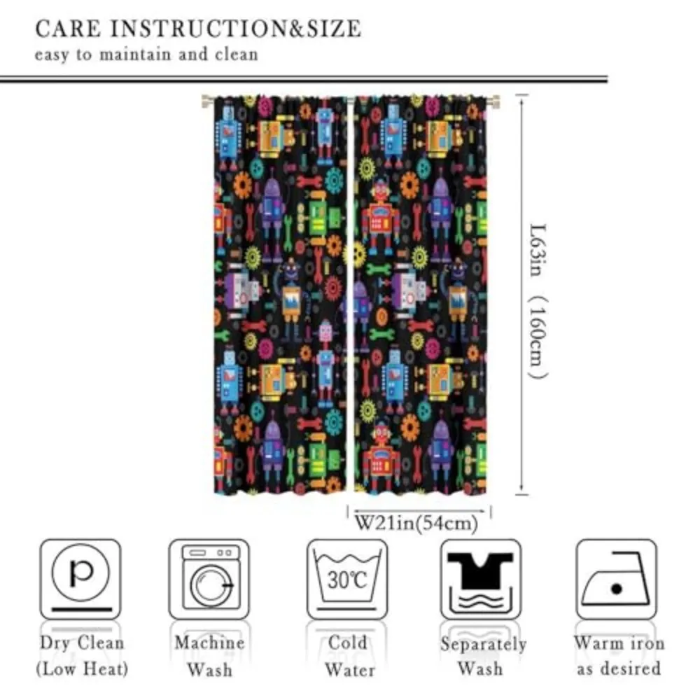 VIKAMA Gaming Room Robot Curtain, Futuristic Watercolor Print Blackout Drapes for Kids, Thermal Insulated Home Decor