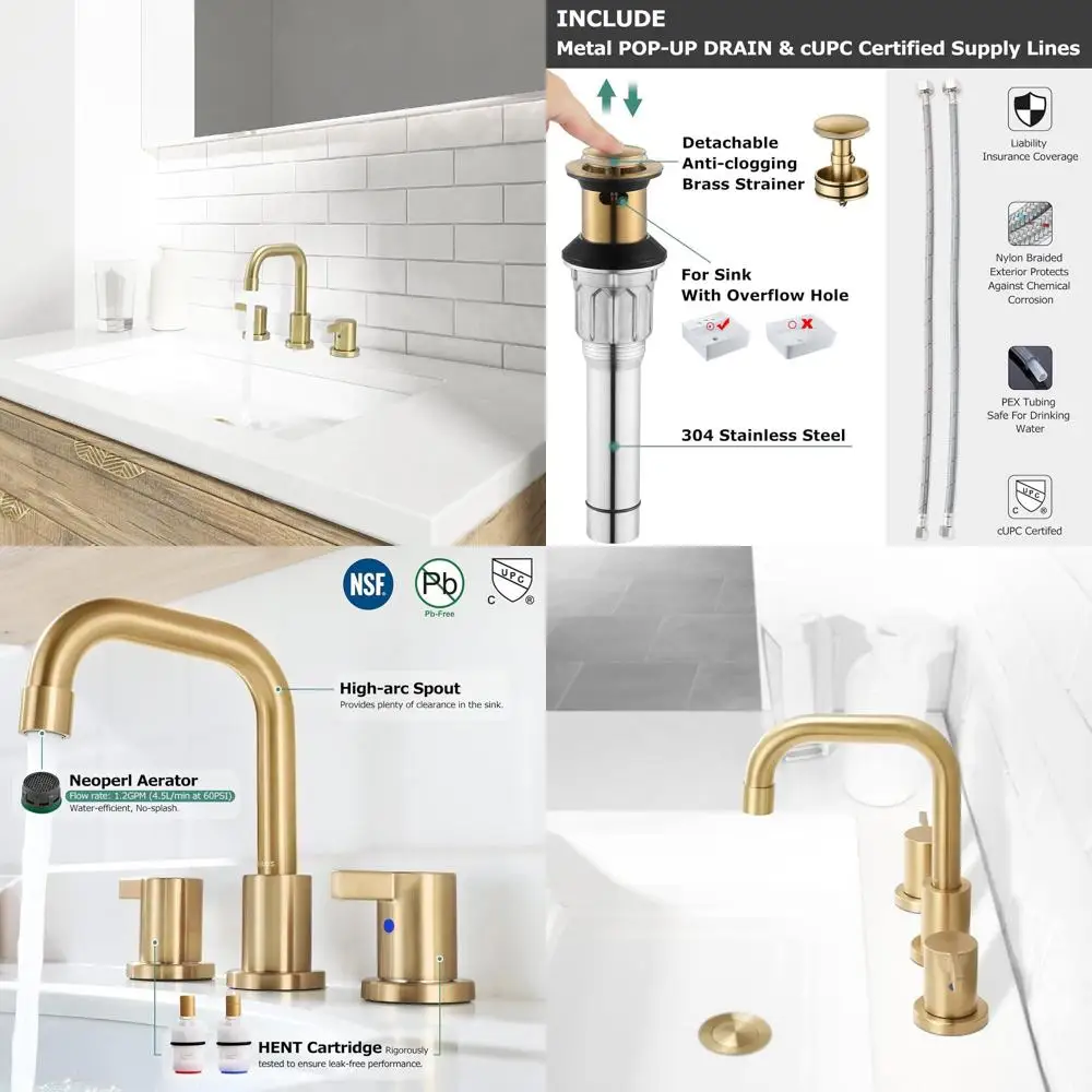 

Brushed Gold Widespread Two-Handle Bathroom Faucet with Metal Pop-Up Drain and cUPC Supply Lines, Model 1364908