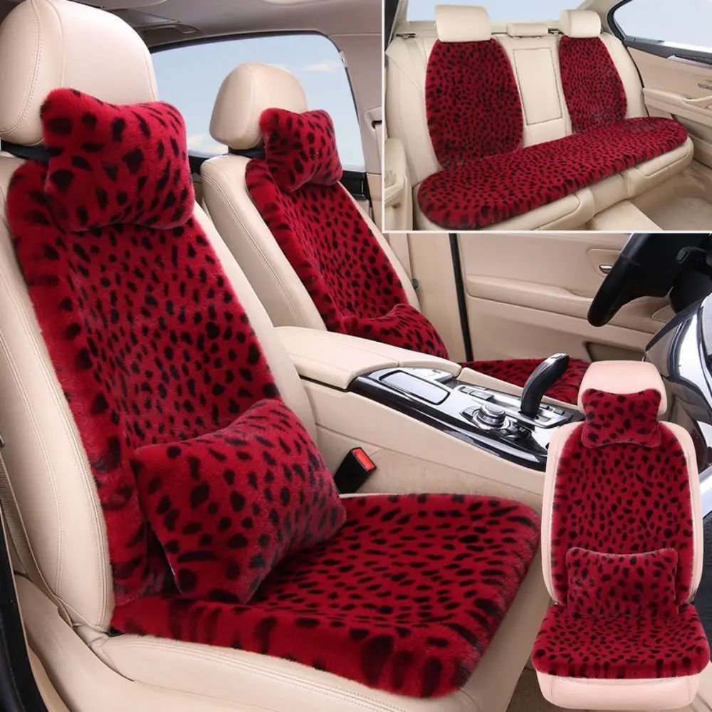 Rabbit Fur Winter Car Seat Cushion Non-slip 3pcs Set Leopard Print Seat Cover Warm Keeping Leopard Print Plush Seat Cushion