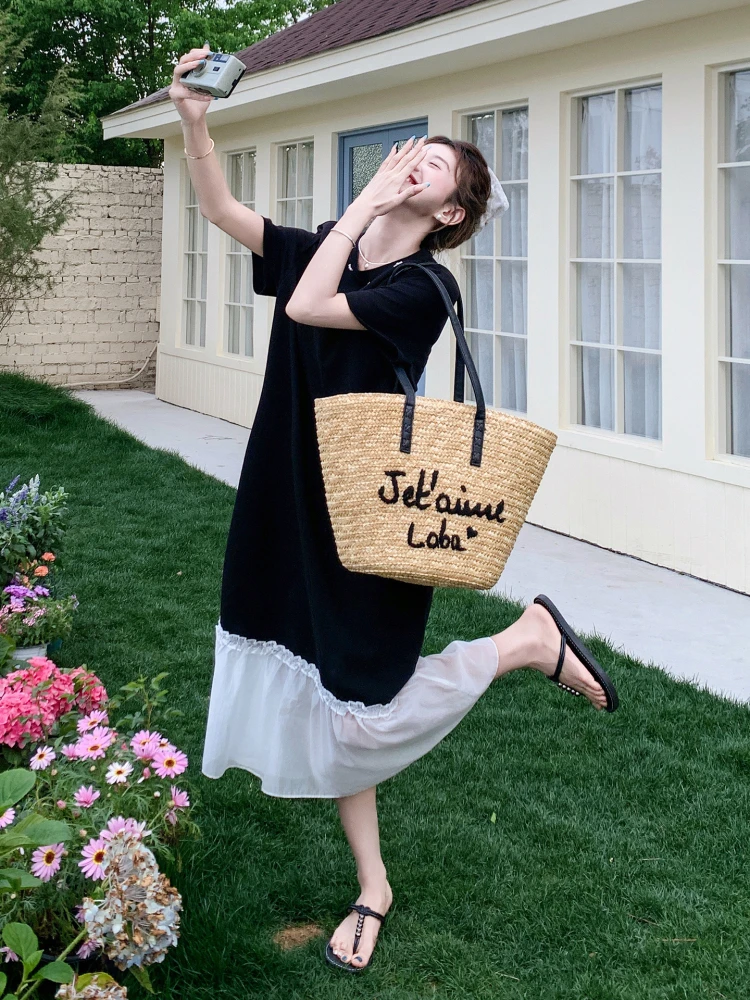 Bla ample décontracté femmes Dr été nouveau Unique beau t-shirt Dr taille haute ort Sve mi-longue jupe trapèze