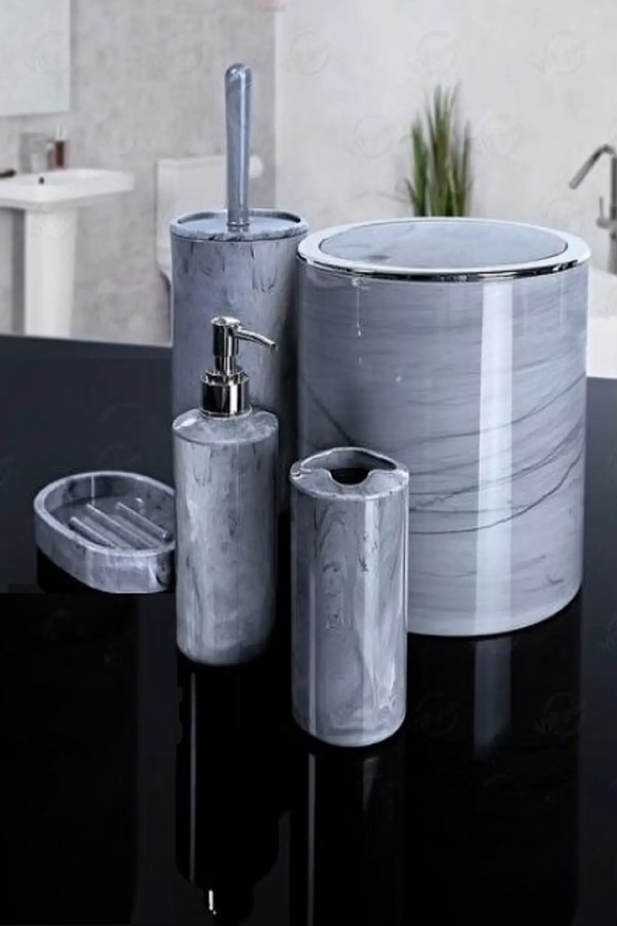 Bathroom Set Marble Pattern 5 Piece Bathroom Accessories Sets Liquid Soap Dispenser Room Kit Dental Fırçalığı Toilet Brush Garbage Bucket