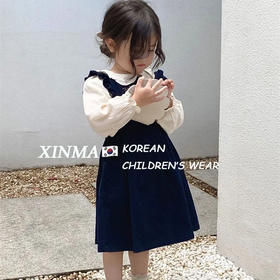 New Girls Dress Set Embroidered Corduroy Suspender Skirt Stylish Baby Collar Shirt Autumn Skirt 2-piece Set Sweet Casual