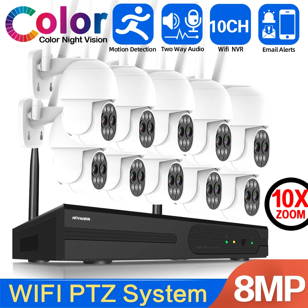 

4K Wifi PTZ IP Camera Surveillance Security System 8CH 10X Zoom Auto Tracking CCTV Camera Security System Kit 10CH Wifi NVR Kit