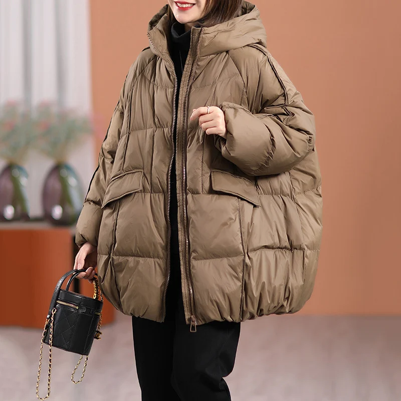 2023 New Women White Duck Down Jacket with Hood Autumn Winter Warm Outwear Casual Loose Over Size Outwear Thick Coat Jackets