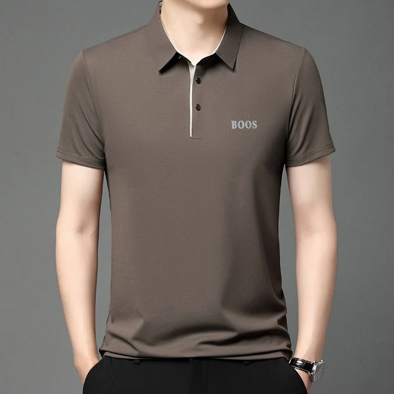 Freizeit-Herren-Kurzarm-Poloshirt mit Revers-Knopfleiste, Einfarbig mit Schriftzug, Bequemes Atmungsaktives Trendiges Herren-T-Shirt – Detail 20