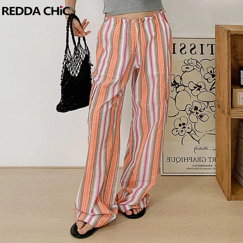 ReddaChic Stripe Vintage Women Cargo Pants Boho Drawstring Waist Flap Pockets Cotton Linen Oversized Pants Cozy Casual Clothes