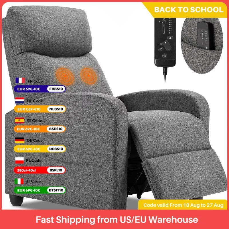 JHK Recliner Chair Massage Sofa Fabric Theater Lumbar Support Adjustable Modern Padded Seat Backrest Living Room Home Grey