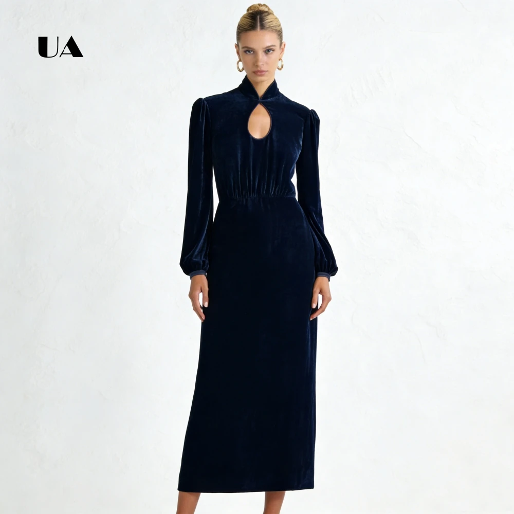 Sukienka wieczorowa z aksamitu z golfem i bufiastymi rękawami, dopasowana sukienka z wycięciami, prosta, dopasowana sukienka na przyjęcie z możliwością personalizacji.