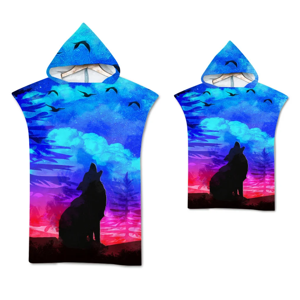 Wolf großes Strand tuch Badet uch schnell trocknende Handtücher Kapuzen mantel Neopren anzug erwachsenes Kind Eltern-Kind Poncho Bademantel zum Schwimmen Surfen – Detail 5