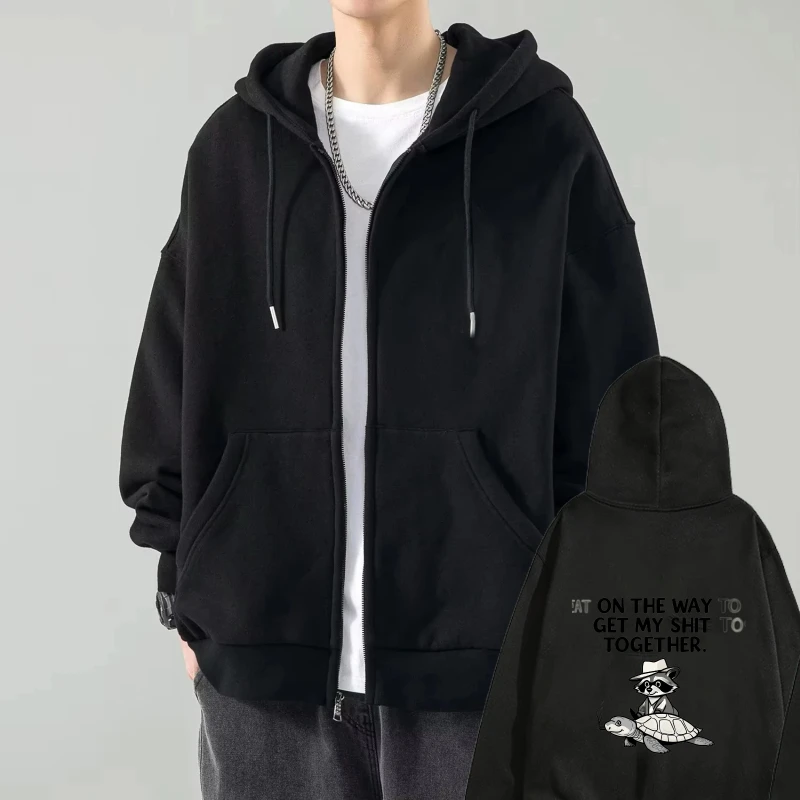 سترة رجالية بغطاء للرأس مطبوعة باللون الأسود ميكي ماوس على الطريق للحصول على النبيذ معًا، سترة كاجوال بغطاء للرأس للارتداء اليومي والخارج