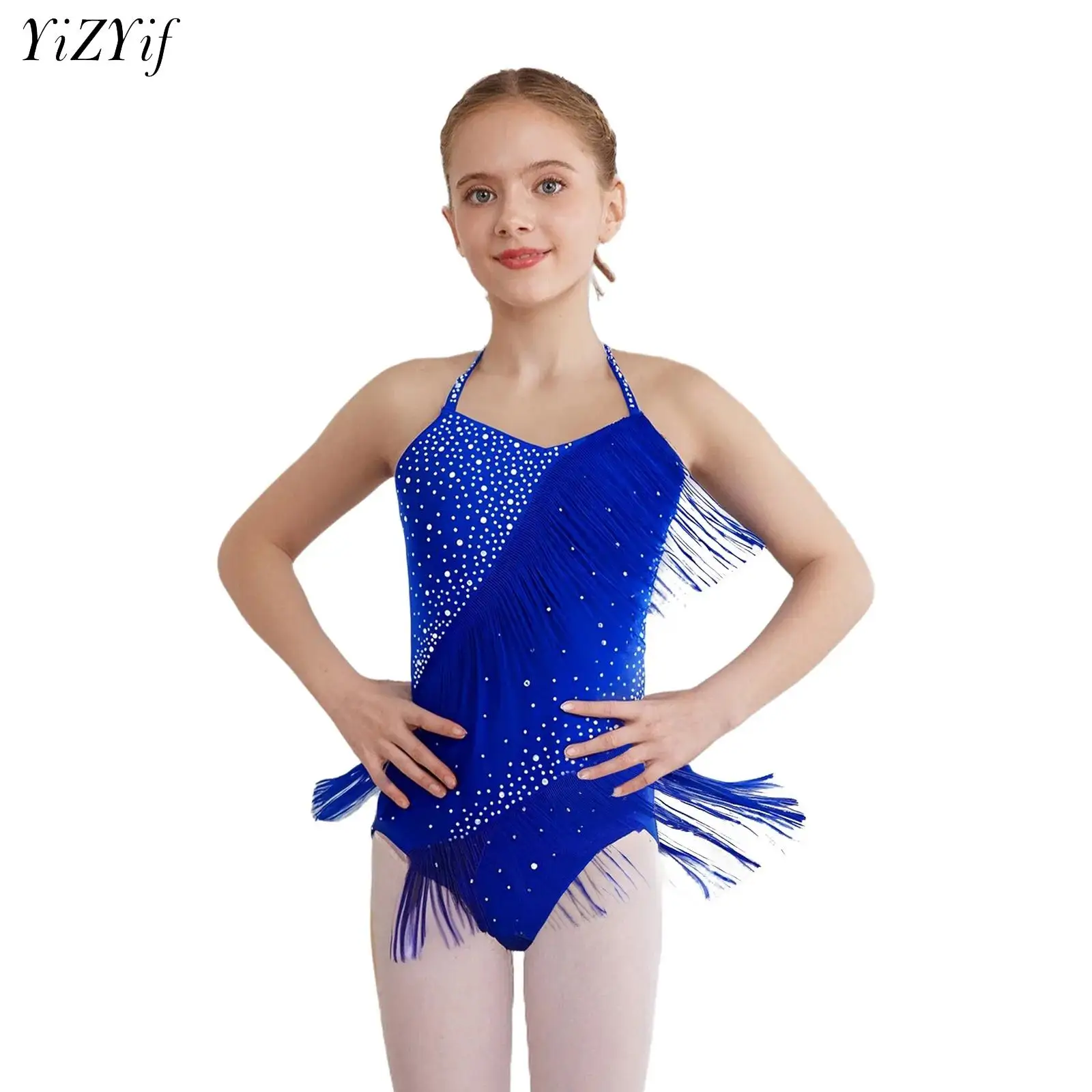 الفتيات الباليه اللاتينية ملابس رقص الجمباز الشكل التزلج الجمباز التانغو أداء زي بلا أكمام لامعة الراين شرابات فستان