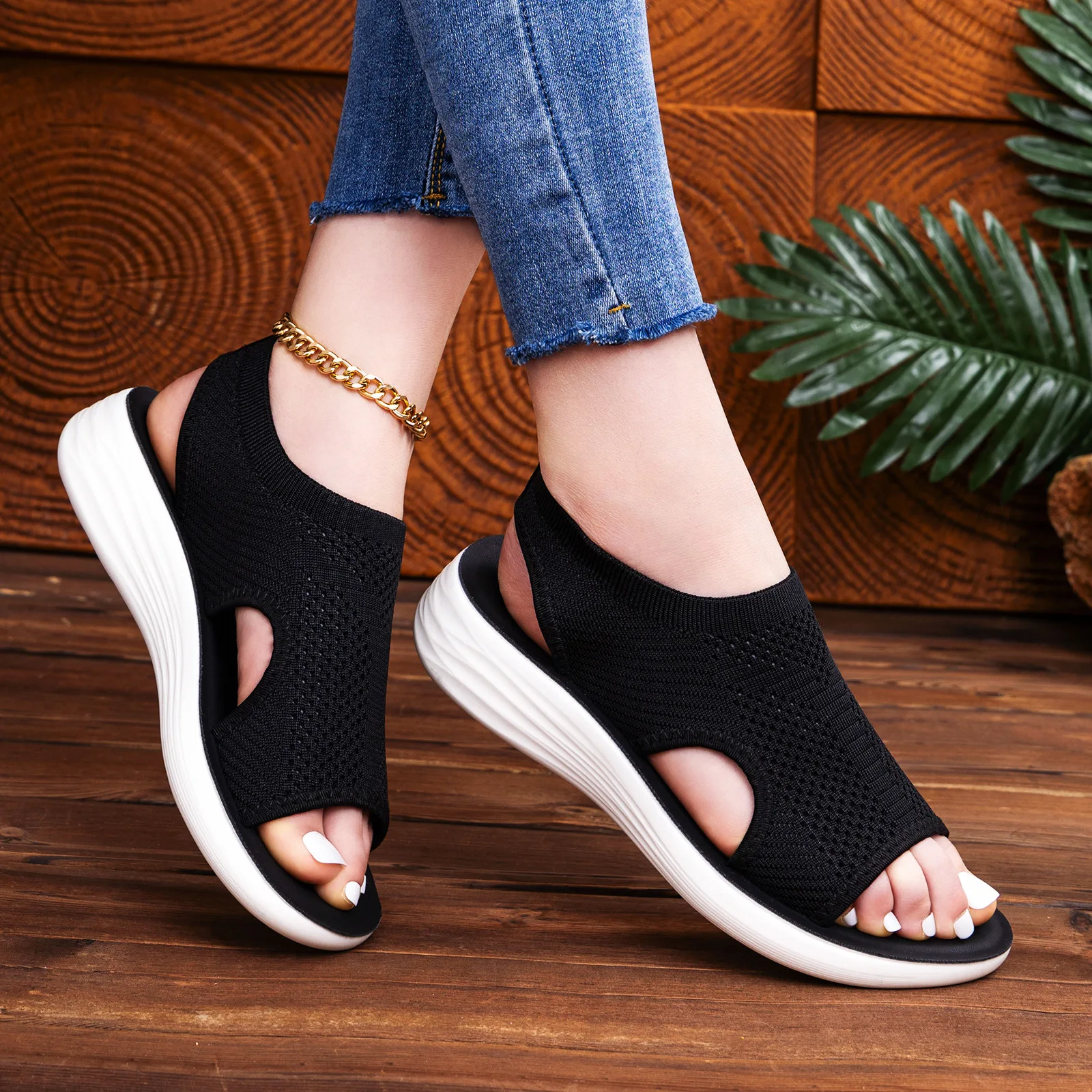 Summer Fashion Ladies Slip-On Sandals Casual Flat Bottom Hollow out Toe Roman Shoes Comfortable Open-Toe Beach Footwear