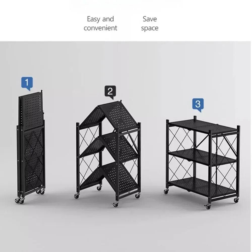 Non Installation Foldable Storage Rack Floor To Ceiling Story Kitchen Racks Folding Mobile Wheel Storage Shelves For Household