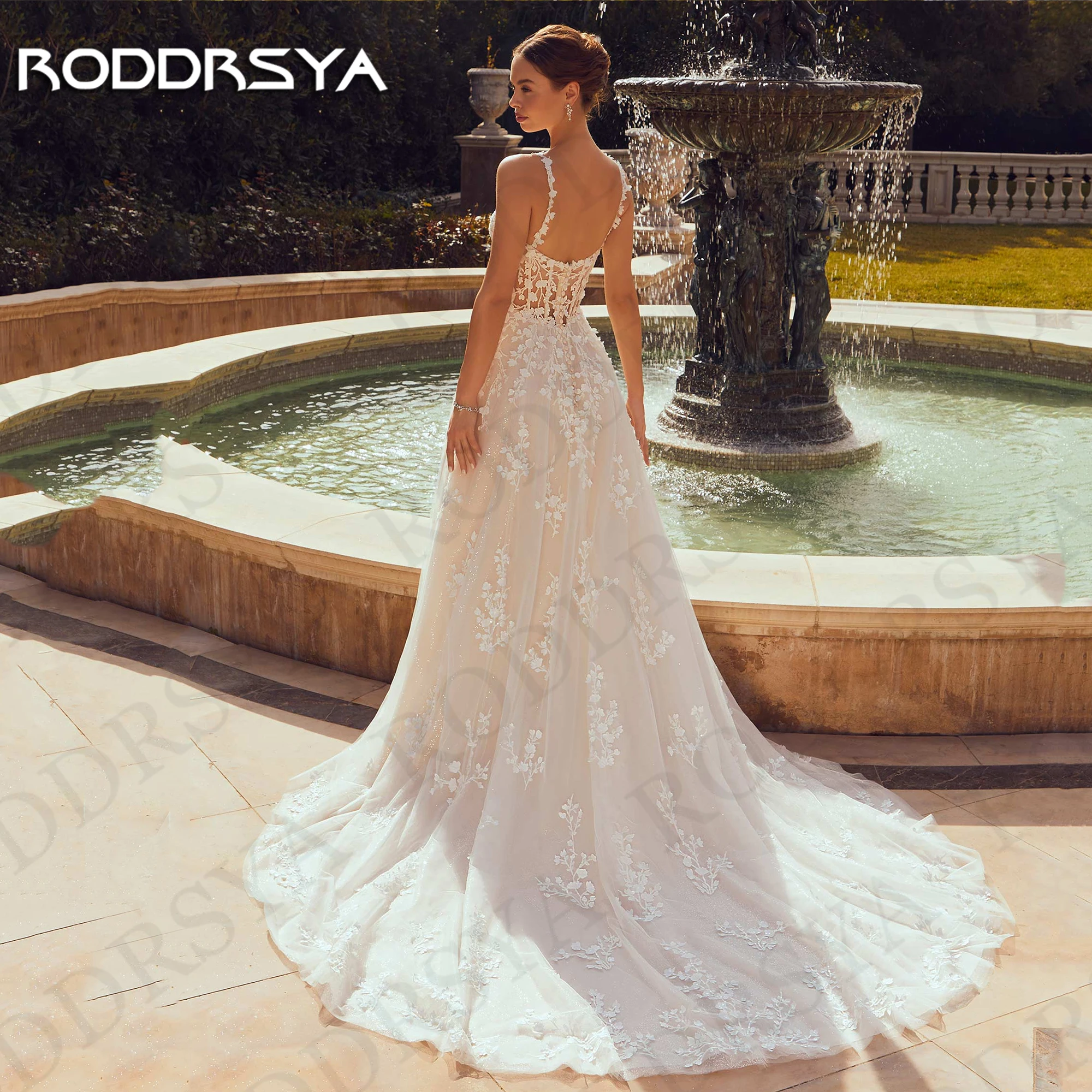 RODDRSYA A Line Appliques Wedding Dress 2024 Luxury Shiny Tulle V Neck Spaghetti Straps Bridal Dresses vestidos de boda 2024