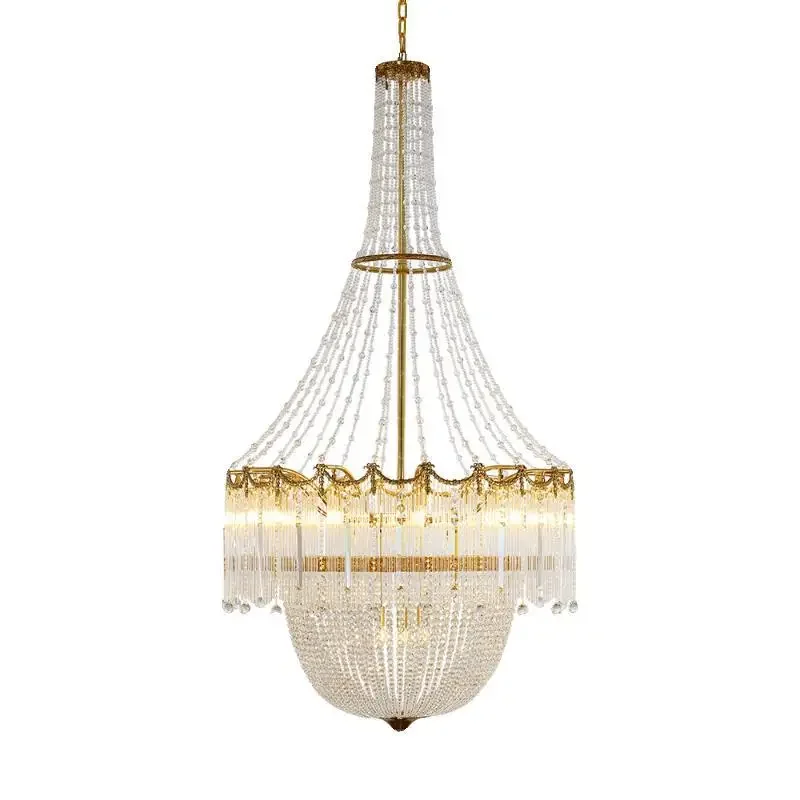 French all-copper crystal long chandelier European staircase duplex building living room personalized creative luxury villa
